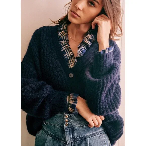 EUC Sezane Achille Mohair Wool Blend Oversized Cardigan Navy Blue XS - Picture 2 of 9